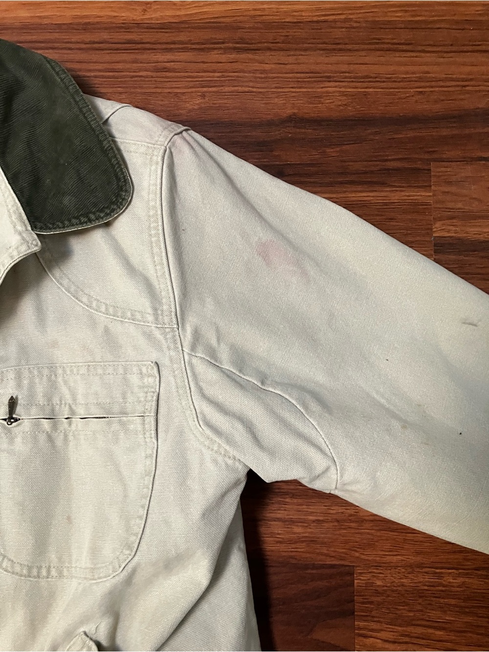 *SOLD* L.L. Bean Cream Canvas Jacket with Olive Collar and Red Plaid Lining - Picture 2 of 7